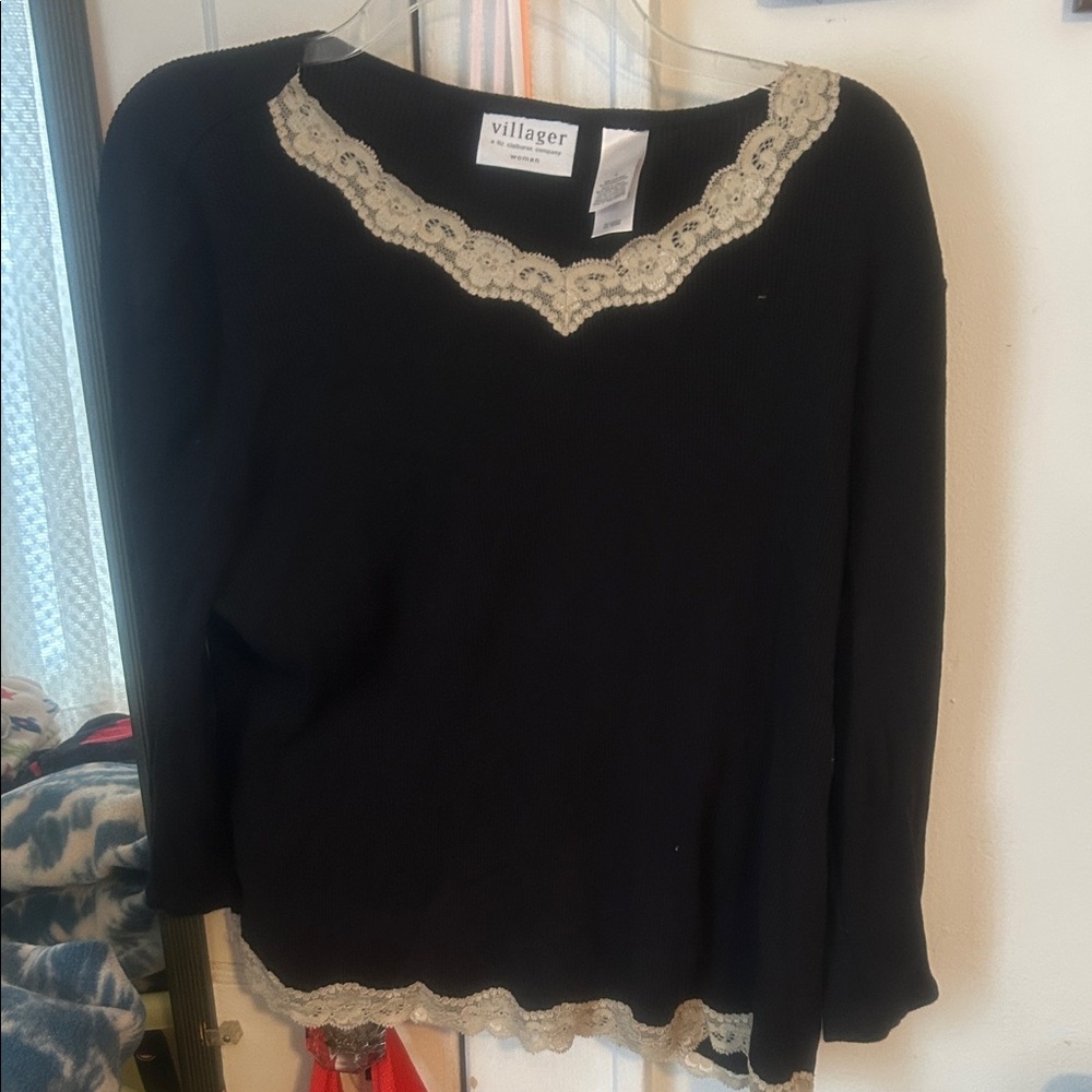 Villager Black Sweater with Cream Lace
